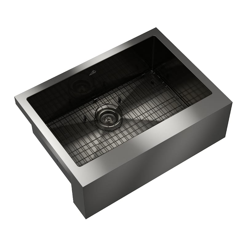 Handmade Stainless Steel 18-Gauge Single Bowl Farmhouse Apron Kitchen Sink in Nano PVD with Bottom Grid and Basket Strainer
