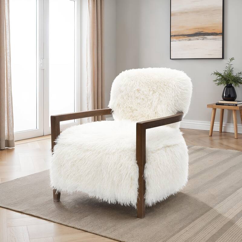 1pc Accent Chair Raked Wooden Arms Tight Back And Seat Soft Faux Fur Contemporary Living Room Furniture
