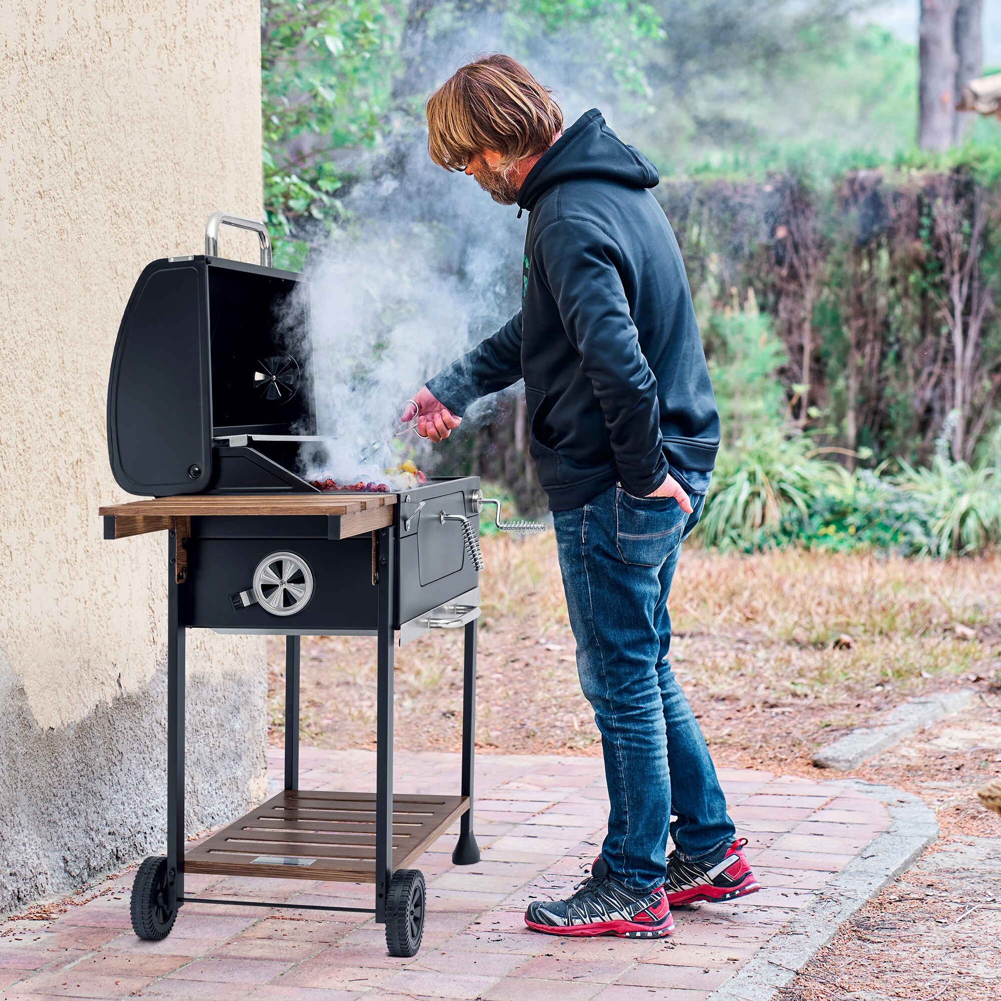 Royal Gourmet CD1824M 24 Inch Charcoal Grill BBQ Smoker with Handle and Folding Table Garden and Backyard Grilling Black