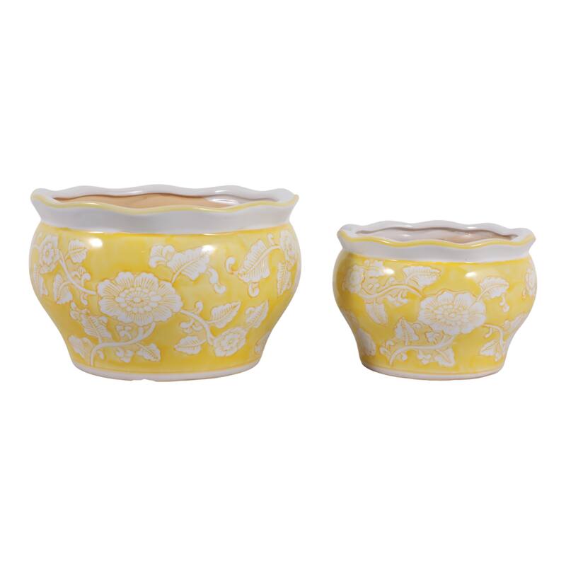 Traditional Ceramic Chinoiserie Planters - Set of 2 - Yellow - 8.0"