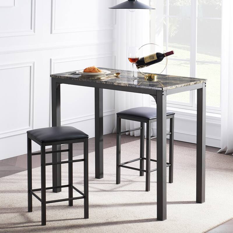 VECELO Home Kitchen Counter Dining Table and Chairs Set, Dining Table Set with 2 Stools,3 Piece Counter Height for Kitchen - Black - 3-Piece Sets