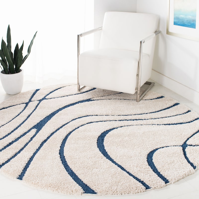 SAFAVIEH Florida Shag Sigtraud Abstract Waves 1.2-inch Area Rug - 8' x 8' Round - Cream/Blue