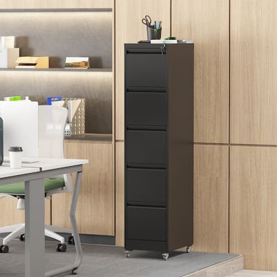 Metal 5 Drawer Vertical File Cabinet with Lock on Wheels for Home Office
