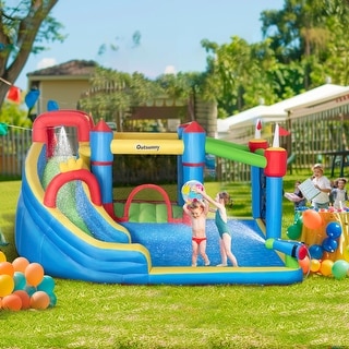 Outsunny 6-in-1 Inflatable Water Slide, Kids Water Park Castle Bounce House with Pool, Slide, Trampoline, Climbing throwing Wall