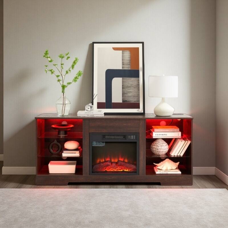 58'' TV Stand for TVs up to 62'' with 18'' Electric Fireplace, LED Lights, Glass Shelves, USB Charging Ports and Power Outlets - Espresso