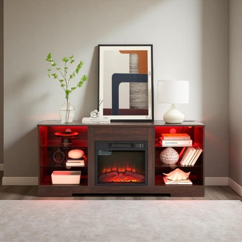 58'' TV Stand for TVs up to 62'' with 18'' Electric Fireplace, LED Lights, Glass Shelves, USB Charging Ports and Power Outlets