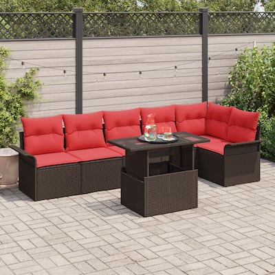 vidaXL 7 Garden Sofa Set with Cushions Black/Brown/Grey Poly Rattan - 92.1 x 52.2 x 27.2