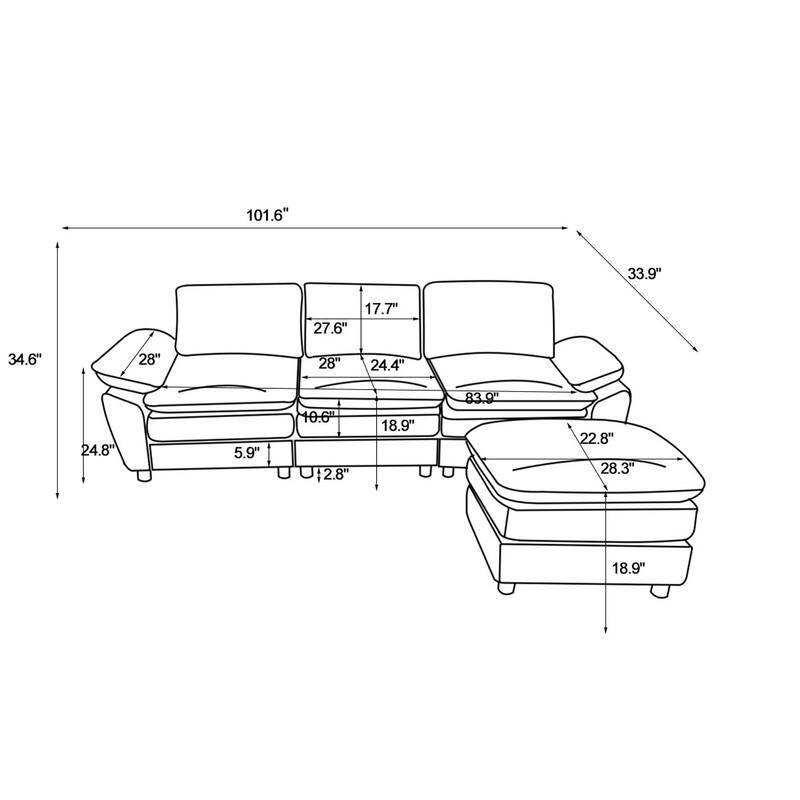 102" Three-seat Chenille L-shaped Sectional Sofa with Ottoman