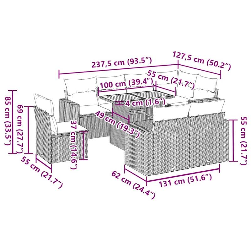 vidaXL Patio Sofa Set with Cushions Modular Lounge Set 9 Piece Poly Rattan - 21.7 x 39.4 x 28.7