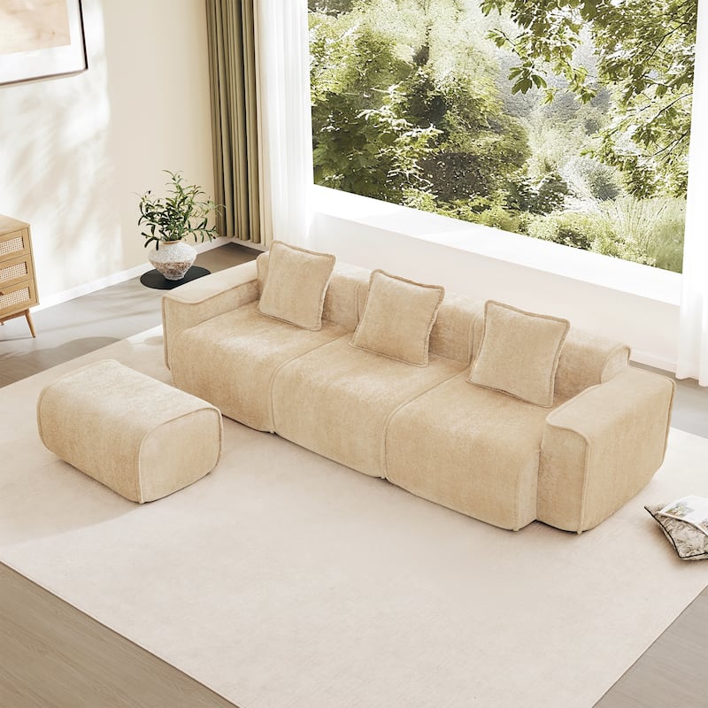 GDFStudio - Streamlined Velvet 3-Seater 108.66" L-Shaped Modular Boneless Sofa with Ottoman - Light Camel