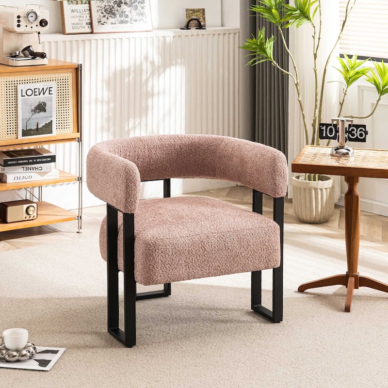 Upholstered Teddy Velvet Single Accent Chair Modern Corner Padded Boucle Armchair for Living Room Bedroom Lounge - Pink