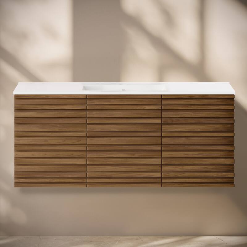 Cascade 48" Wall-Mounted Bathroom Vanity In Brown Oak With Sink Top - 48