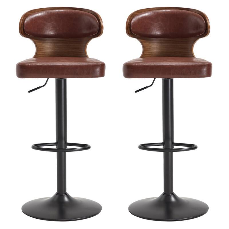 PU Leather Upholstered Curved Backrest 360° Swivel Adjustable Height Bar Stools with Footrest(set of 2)