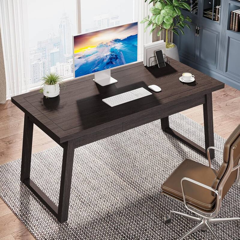 55 Inches Mid-Century Solid Wood Computer Desk with Drawer