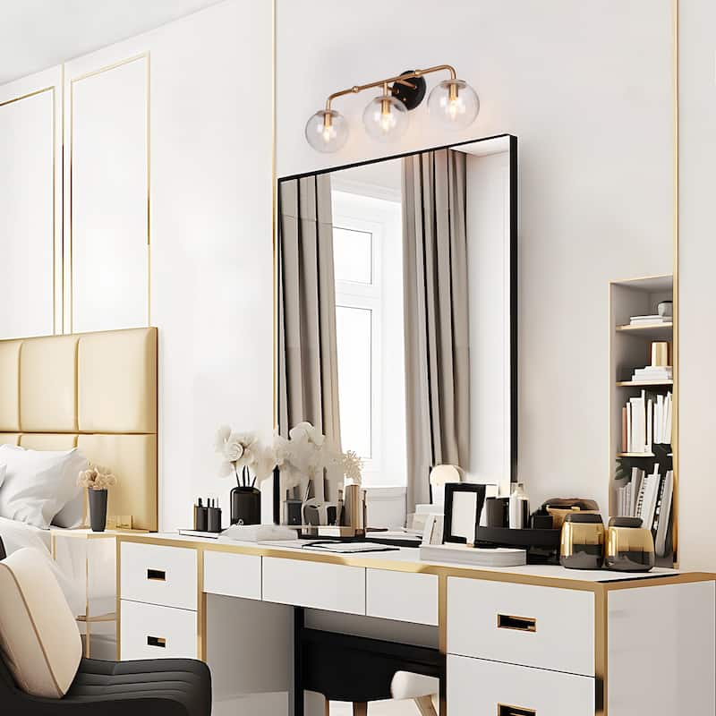 Malryn Black Gold 3-Light Bathroom Vanity Lights Glass Wall Sconces - 24.5'' L x 7" W x 10'' H