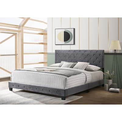 Suffolk Velvet Upholstered Jewel Accent Tufted Nailhead Panel Bed