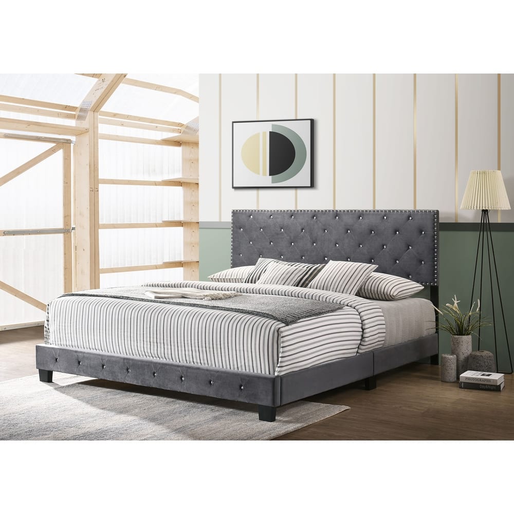 Suffolk Velvet Upholstered Jewel Accent Tufted Nailhead Panel Bed