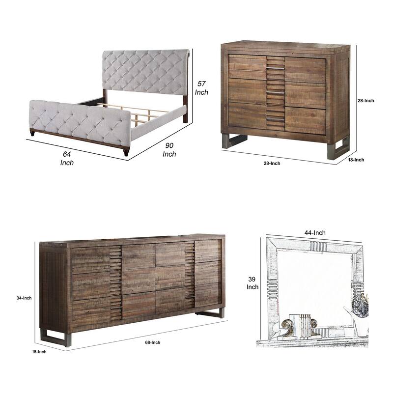 Liza Four Pc Queen Bedroom Set, Tufted Gray Upholstery, Brown Wood, Nickel Sled Base