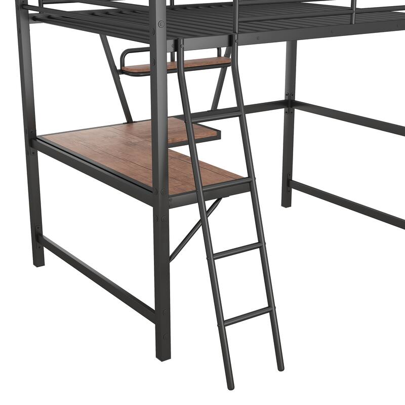 Full Size High Loft Bed with Desk & Shelf for Kids, Teens, Adults, Metal Bedframe with Ladder & Guardrail, No Box Spring Needed