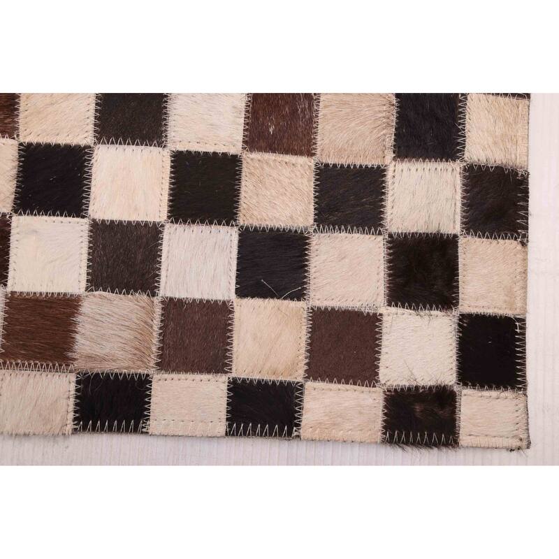 ECARPETGALLERY Handmade Cowhide Patchwork Dark Brown Leather Rug - 6'2 x 6'2