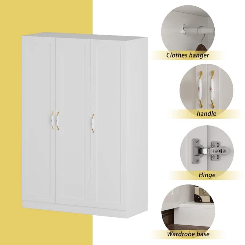 47.2"W Armoire with Three Doors ,Two Clothes Rod ,Golden Floral Handle