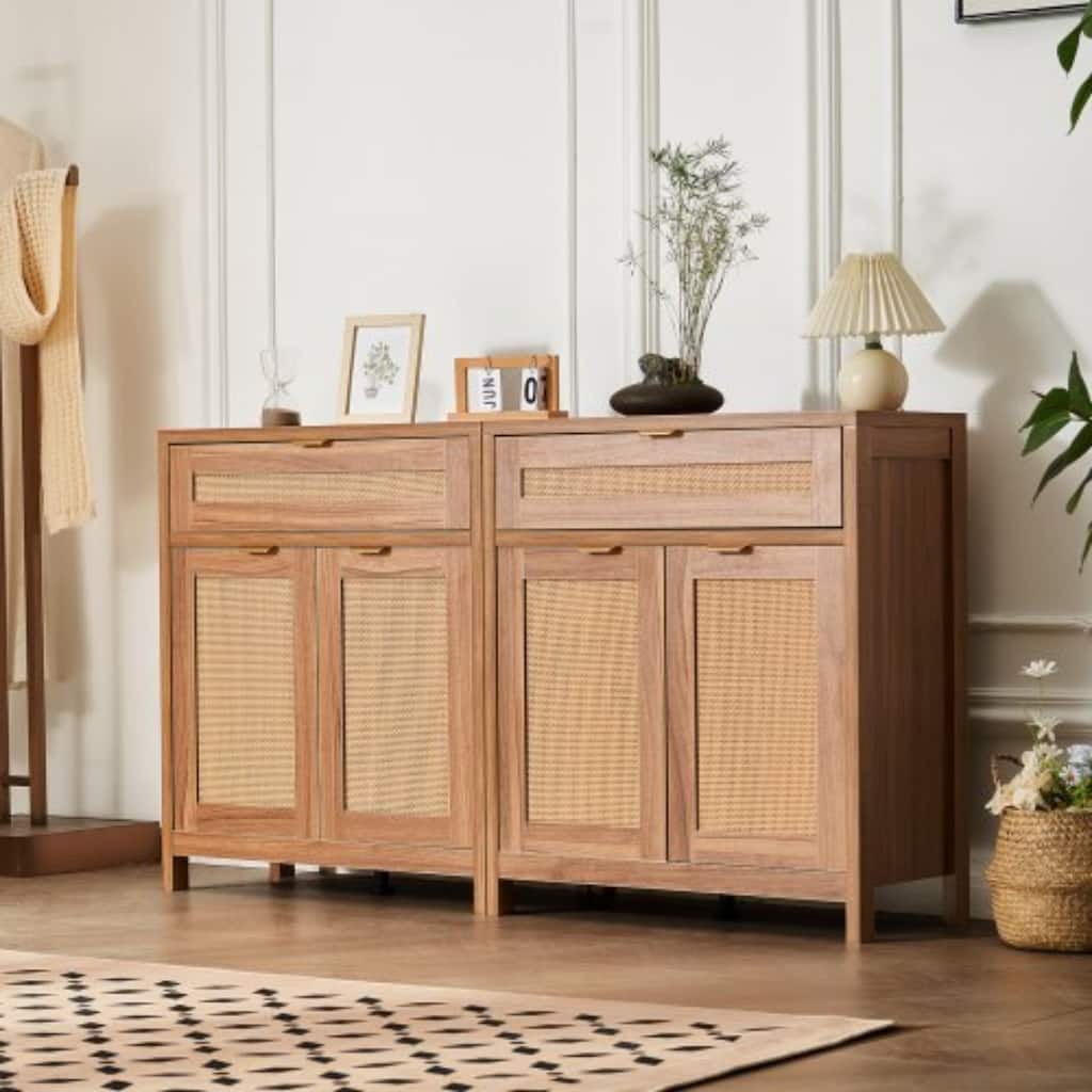 Buffet Cabinet, Rattan Cabinet with Storage 90inch, Storage Cabinet with 6 Magnetic Doors and Adjustable Shelves Set of 3, Side