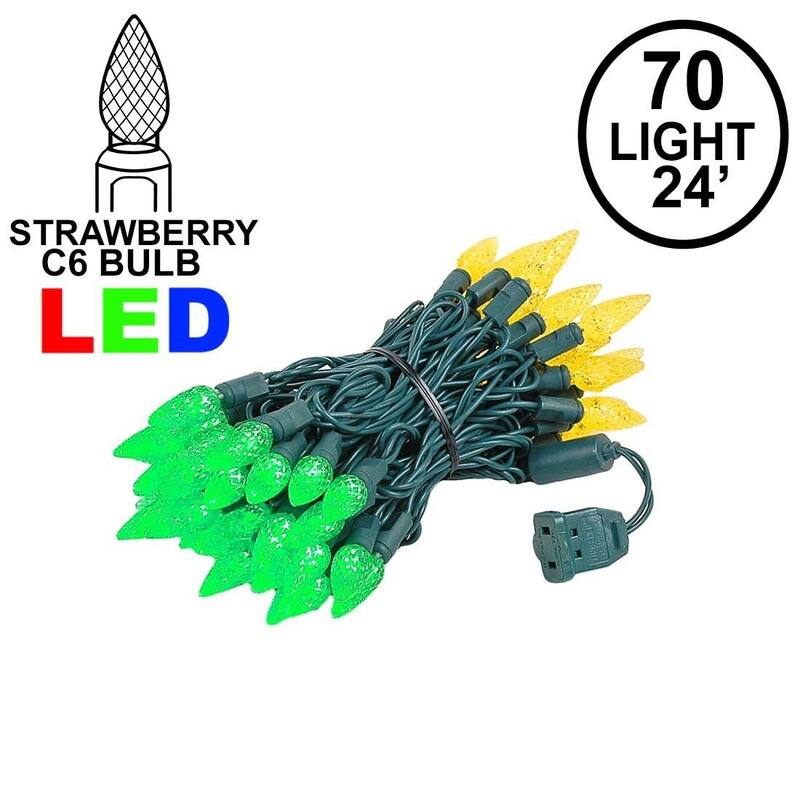70 Light C6 LED Christmas Mini Light Set, Green/Yellow, Green Wire, 24 Feet - Large