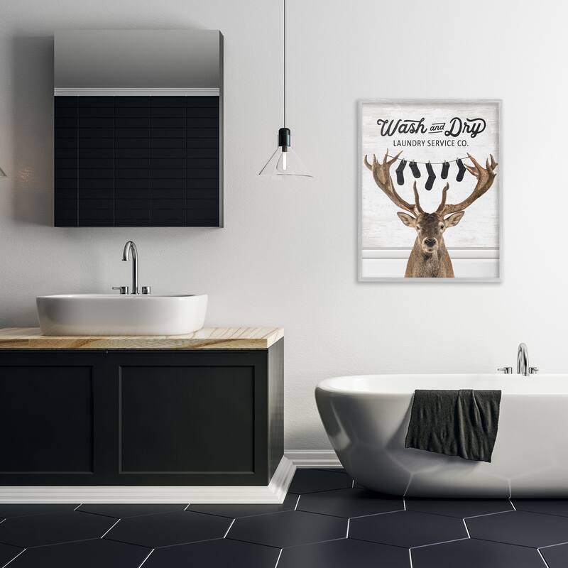 Stupell Vintage Laundry Elk Clothesline Framed Giclee Art Design By Lettered and Lined