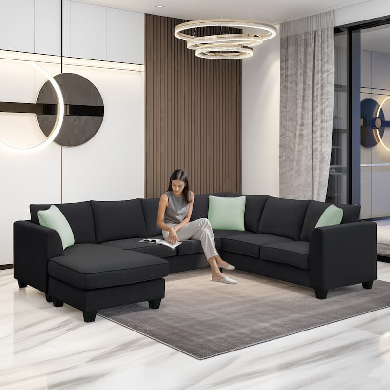 112" L-Shaped 7-Seat Modular Sofa with Ottoman - Black
