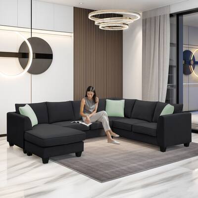 Black 112" L-Shaped 7-Seat Modular Sofa with Ottoman
