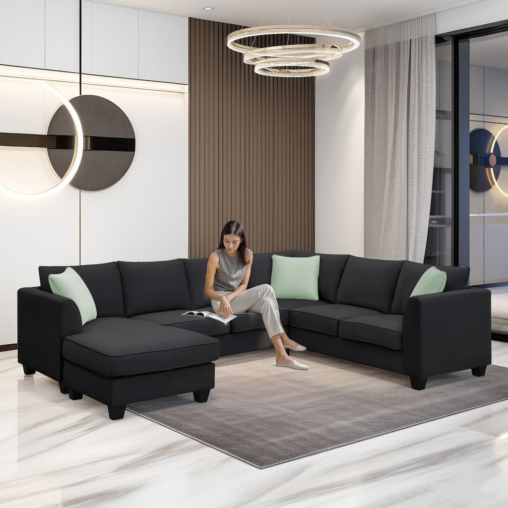 Black 112'' Spacious L-Shaped 7 Seat Modular Sectional Sofa with Ottoman, 3 Pillows, Sturdy Wood and Iron Frame