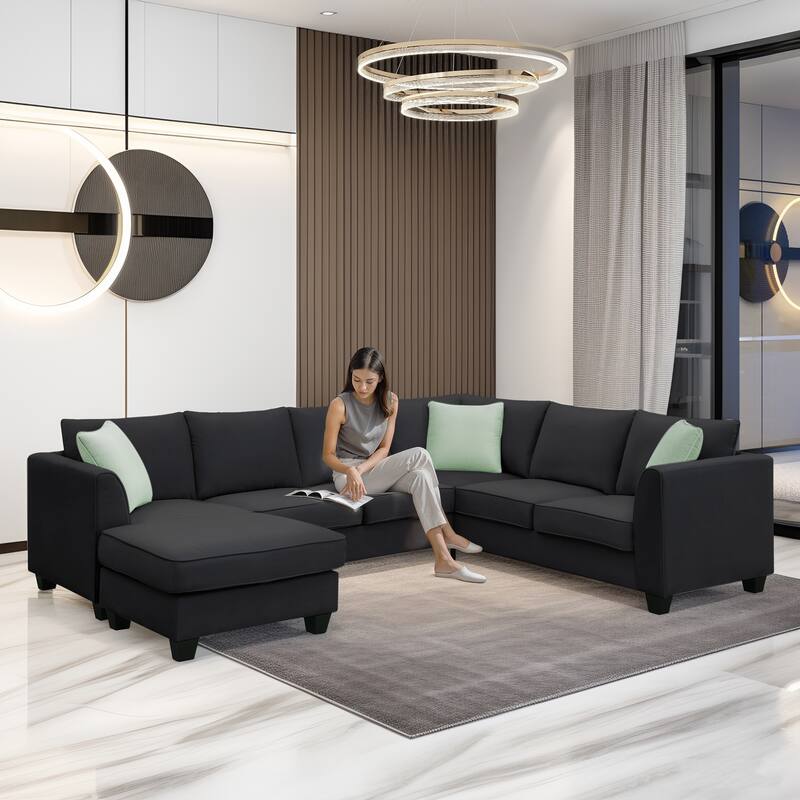 Black 112'' Spacious L-Shaped 7-Seat Modular Sectional Sofa with Ottoman and 3 Pillows, Durable Wood and Iron Frame - Black