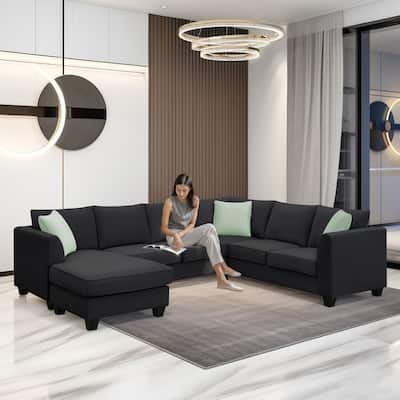 Black 112'' Spacious L-Shaped 7-Seat Modular Sectional Sofa with Ottoman and 3 Pillows, Durable Wood and Iron Frame