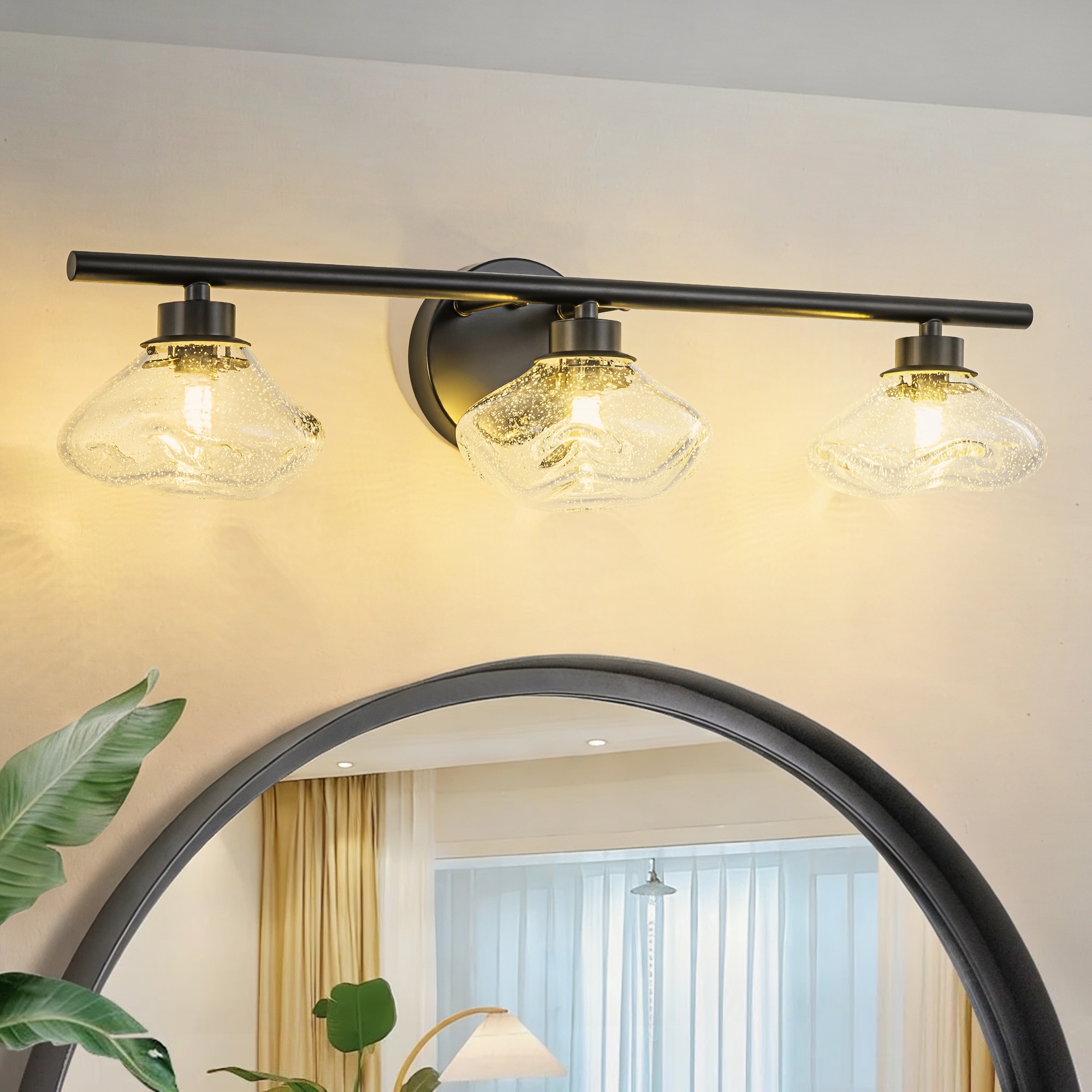 3-Light 24.4" Modern Black/Gold Bathroom Vanity Light with Stone-Shaped Seed Glass Shades