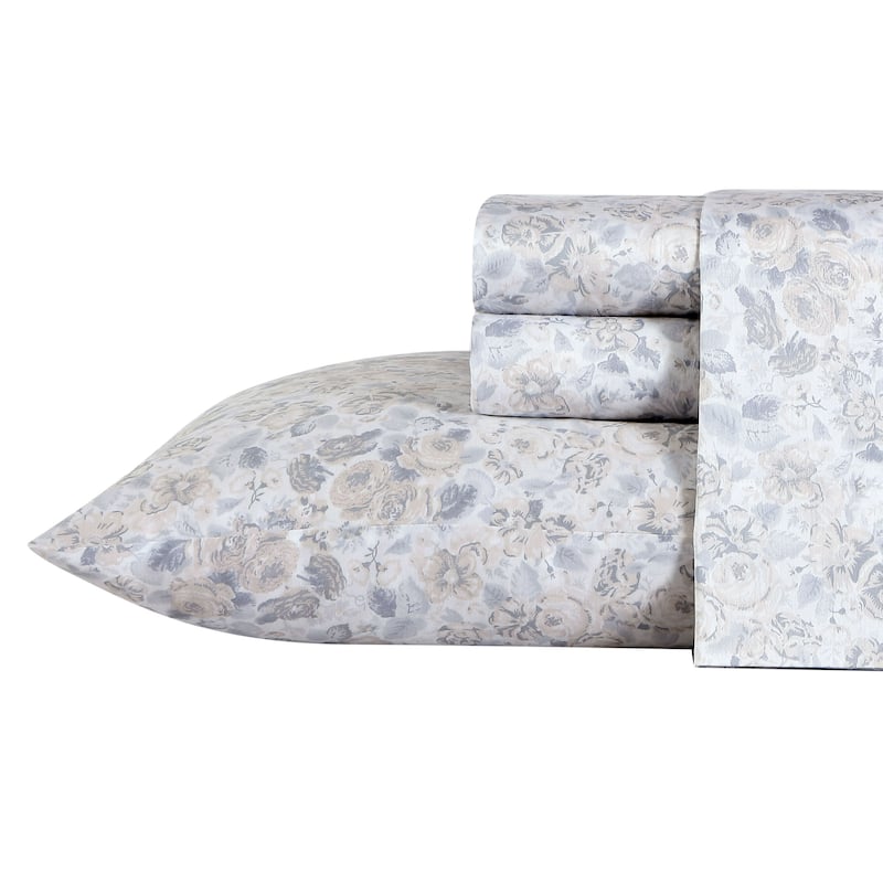 Laura Ashley Soft & Silky Sateen Printed Cotton Sheet Set - Queen - Quartet Grey
