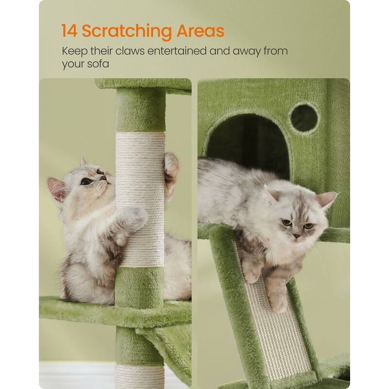 Cat Tree, 66.1-Inch Large Cat Tower with 13 Scratching Posts, 2 Perches, 2 Caves, Basket, Hammock, Pompoms