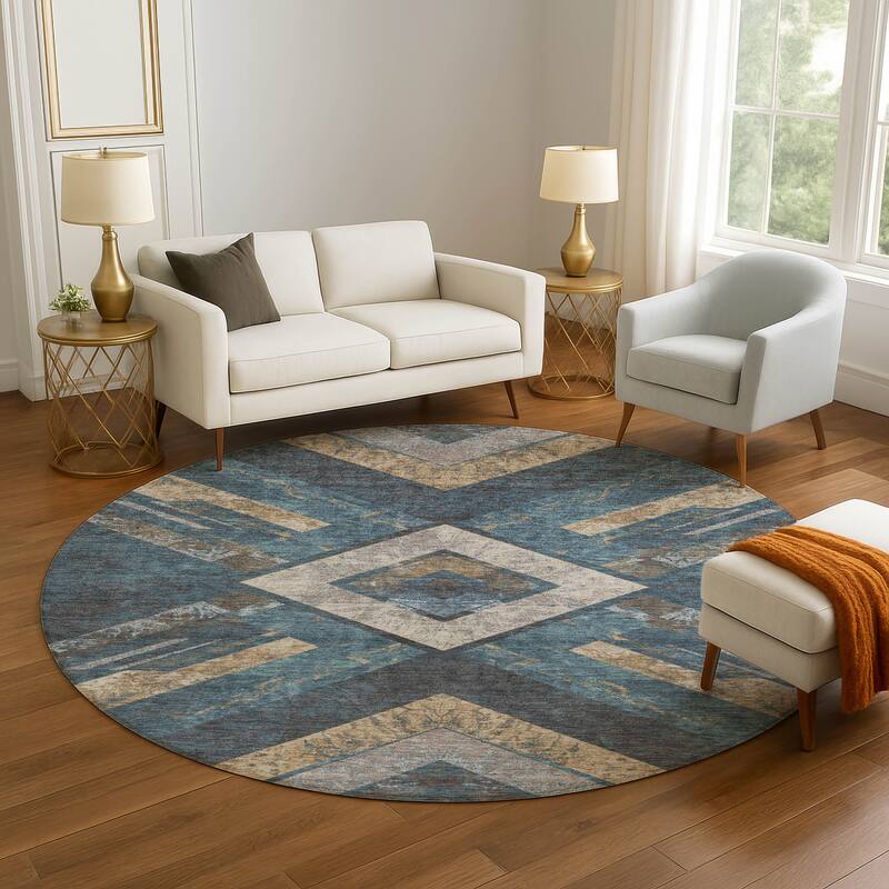 Premium Washable Super Soft Modern Global Mayfield Rug - Navy - 8' x 8'