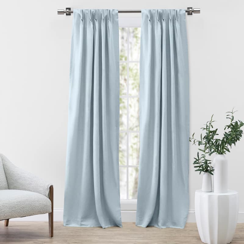 Serene Premium Linen-Cotton Pinch Pleat Curtain Pair W Back Tabs - 56"W x 108"L(28"W per panel) - Blue