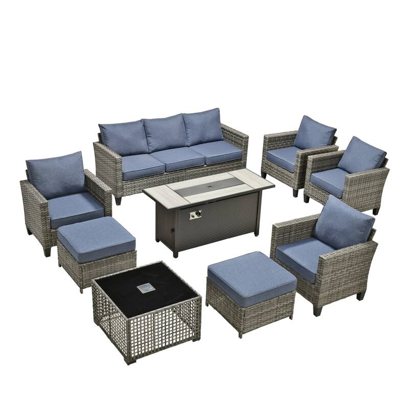 OVIOS 9 Pieces Patio Furniture Set with Solar-Powered Table & 54" Fire Table
