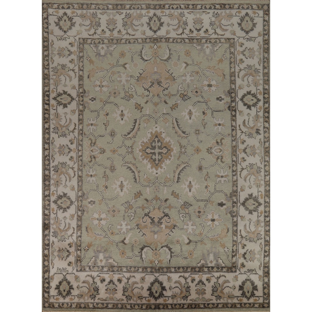Green Ivory Oushak Indian Area Rug Hand-Knotted Wool Carpet - 8'1" x 10'1"