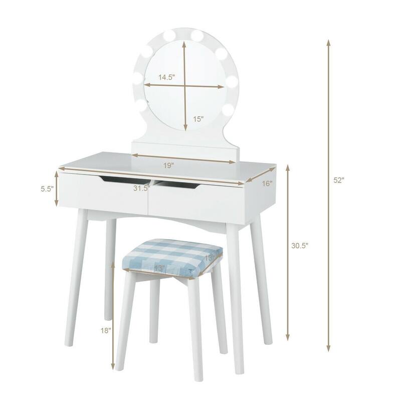 Dressing Table with Large Round Mirror and 8 Light Bulbs for Bedroom - 31.5" x 16" x 52" (L x W x H)