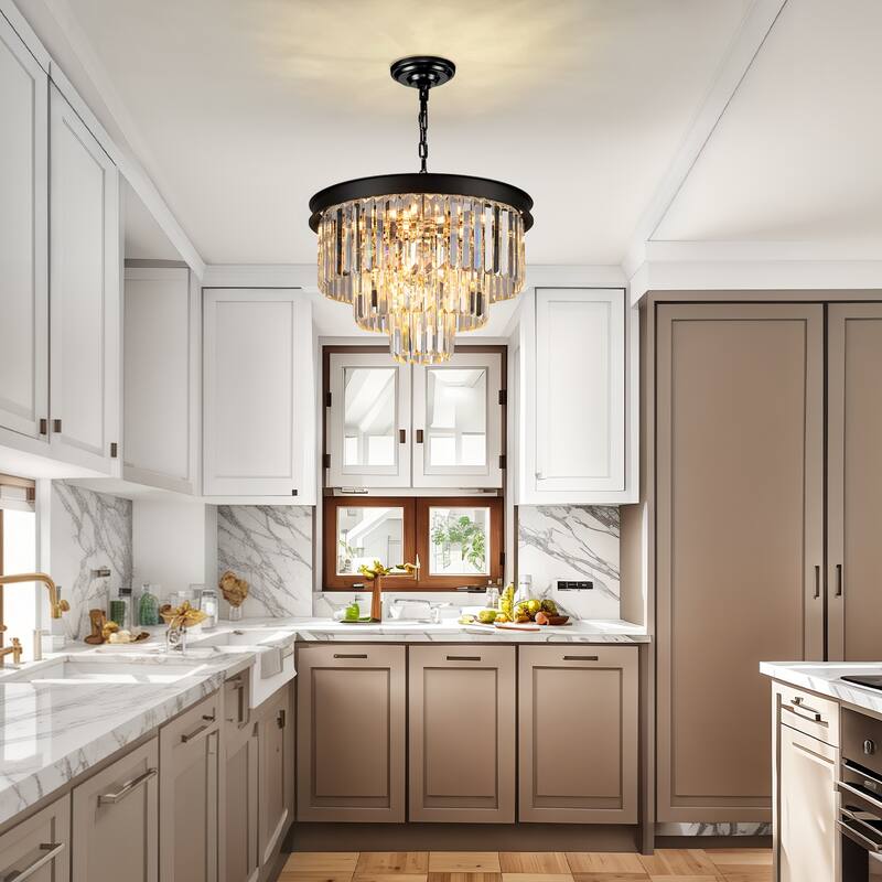 Modern Crystal Chandelier, Black Luxury Adjustable Pendant Light for Living Room(Bulbs Included) - 6-light/3-tier - black