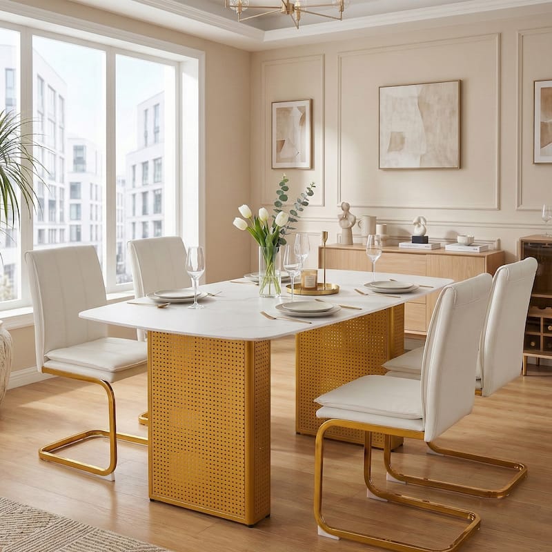 Modern Rectangular Tempered Glass Dining Table, Marble-Patterned Design with Gold Dual-Pedestal Metal Base for Dining Room