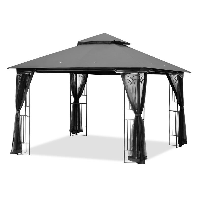 9'X9' Outdoor Steel Gazebo, Double Roof Patio Canopy with Netting, Curtains & Hanging Hooks for Backyard Deck Garden