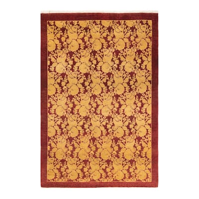 Overton Hand Knotted Wool Traditional Abstract Red Area Rug - 4' x 6'