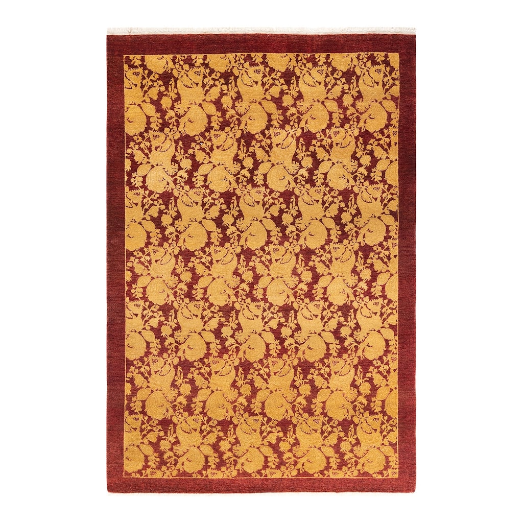 Overton Hand Knotted Wool Traditional Abstract Red Area Rug - 4' x 6'