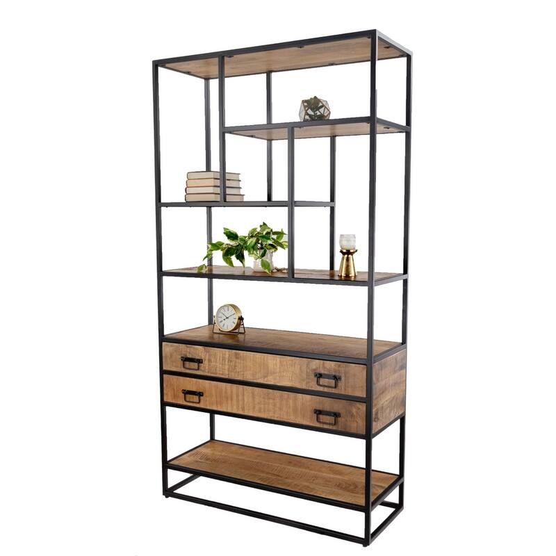 75" Tall Industrial Bookshelf with Drawers Solid Mango Wood