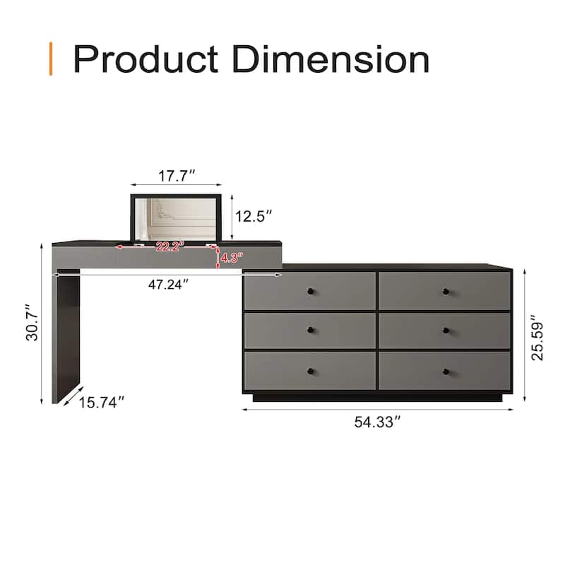 Home Office Storage Expandable Dresser Desk Combo With Flip-Top Makeup Mirror and 6 Storage Drawers