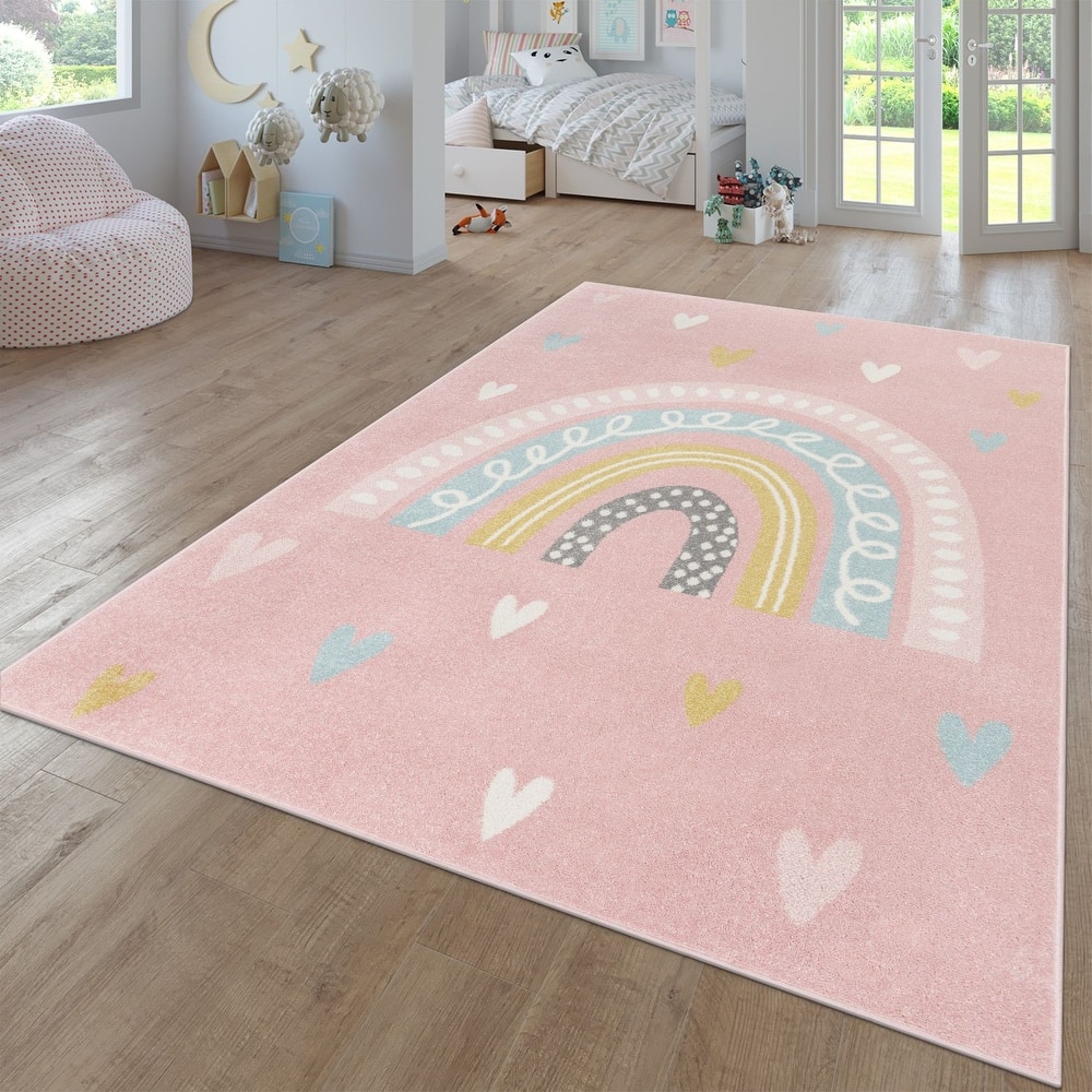 Kids Rug with Rainbow and Hearts in Pastel Colors