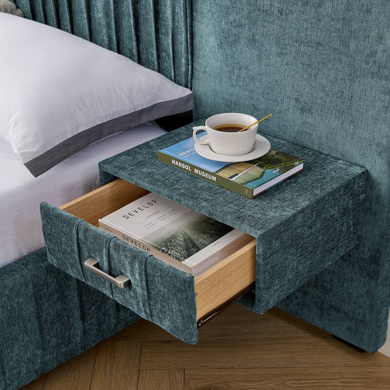 King Size Upholstered Bed Frame with Chenille fabric with pleated design,Grounded King Size Platform Bed